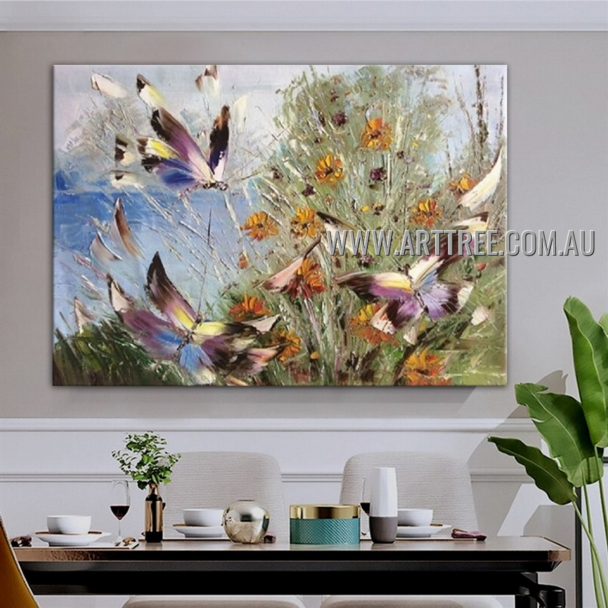 Multicolored Butterflies Floral Animal Artist Handmade Heavy Texture Modern Artwork Painting for Room Flourish