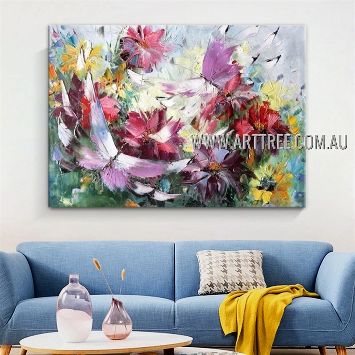 Pink Butterfly Modern Floral Artist Handmade Heavy Texture Animal Art Painting for Room Garniture