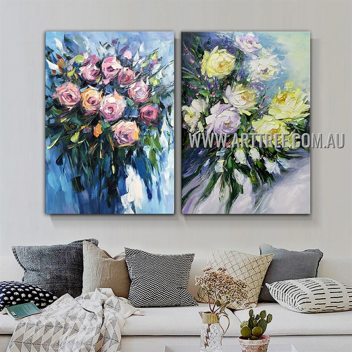 Varicolored Flowers Floral Abstract Modern Heavy Texture Artist Handmade 2 Piece Multi Panel Wall Art Canvas Painting for Room Decoration