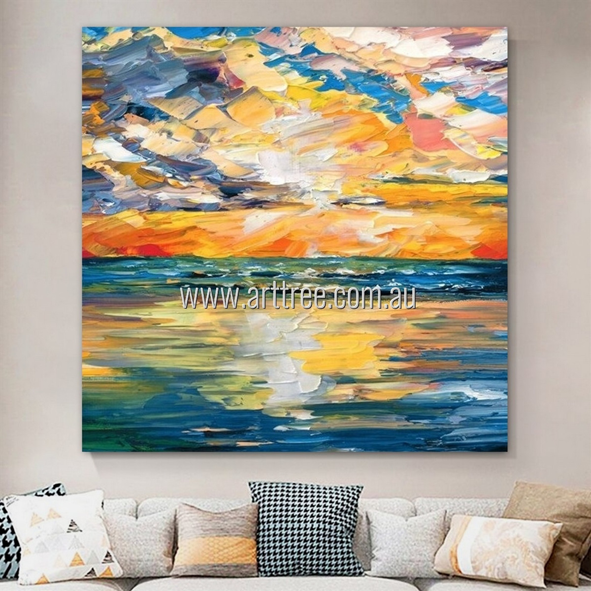Colorful Welkin Abstract Seascape Heavy Texture Artist Handmade Modern Stretched Acrylic Painting For Room Decoration
