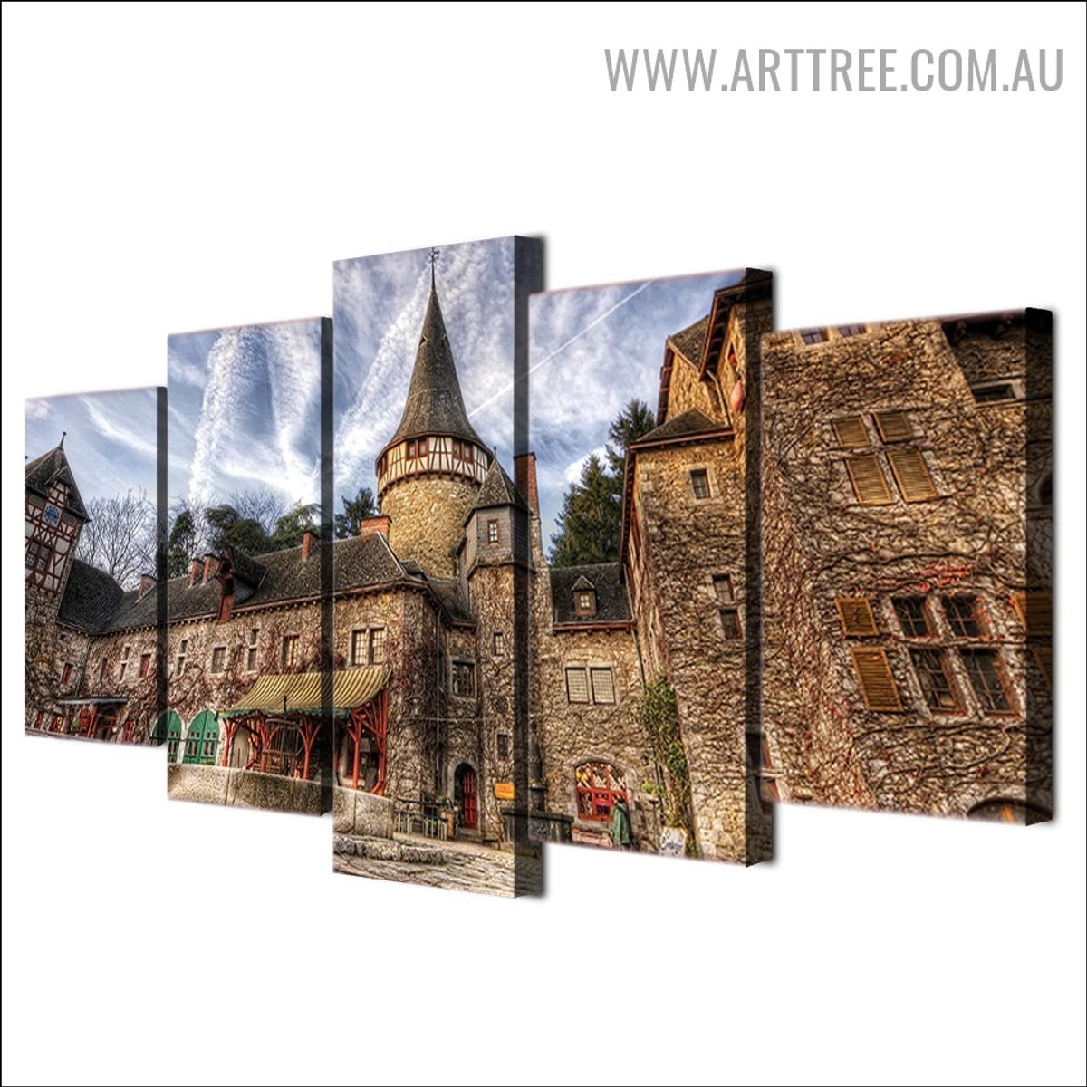 European Castle sky Landscape Modern 5 Piece Split Art Image Canvas Print for Room Wall Outfit