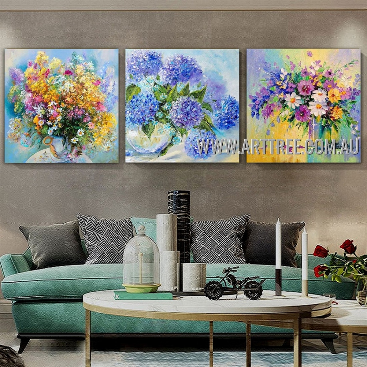 Colorific Floweret Floral Modern Heavy Texture Artist Handmade 3 Piece Multi Panel Canvas Painting Wall Art Set For Room Ornament