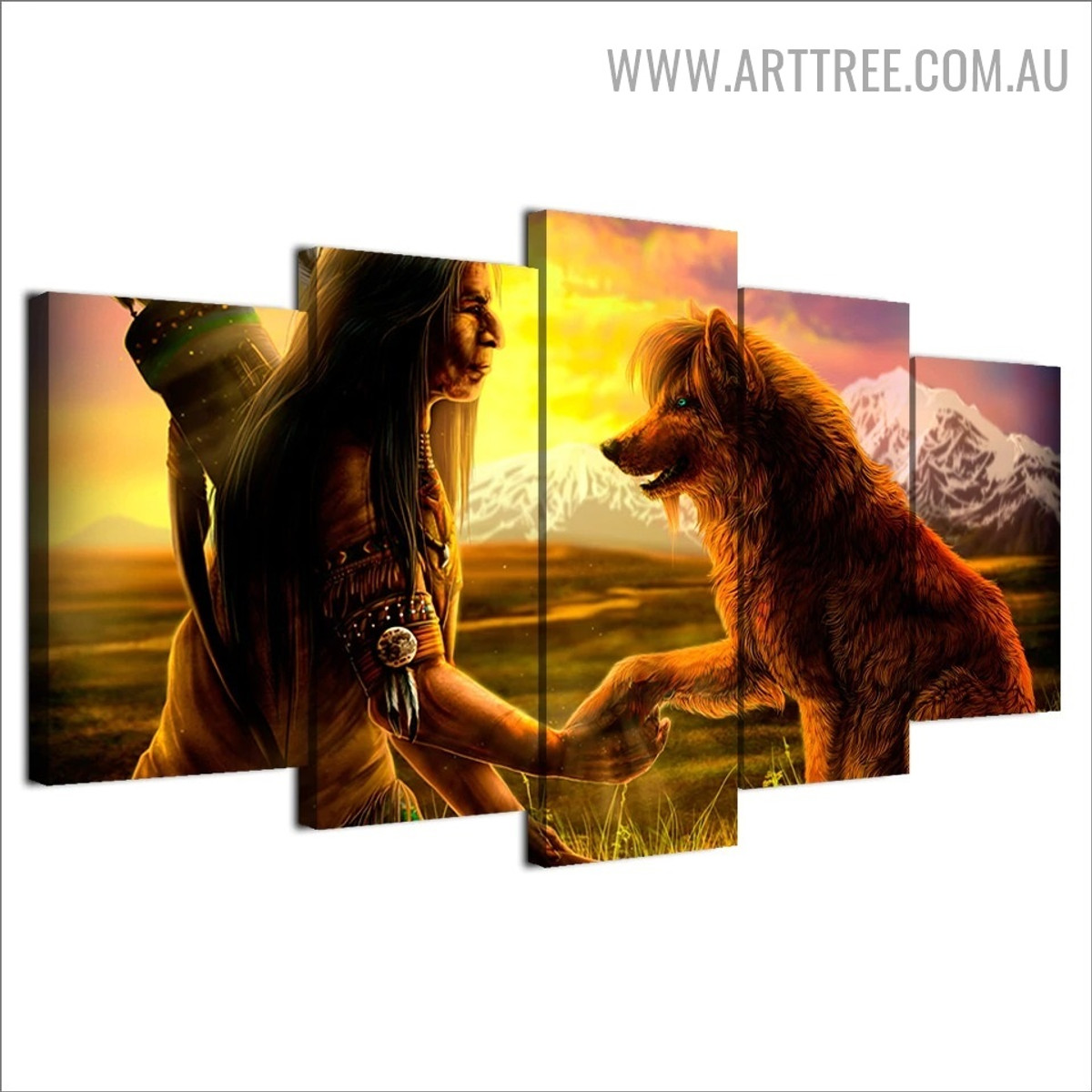 Wolf Warrior Hills Landscape Animal 5 Piece Split Art Image Modern Canvas Print for Room Wall Onlay