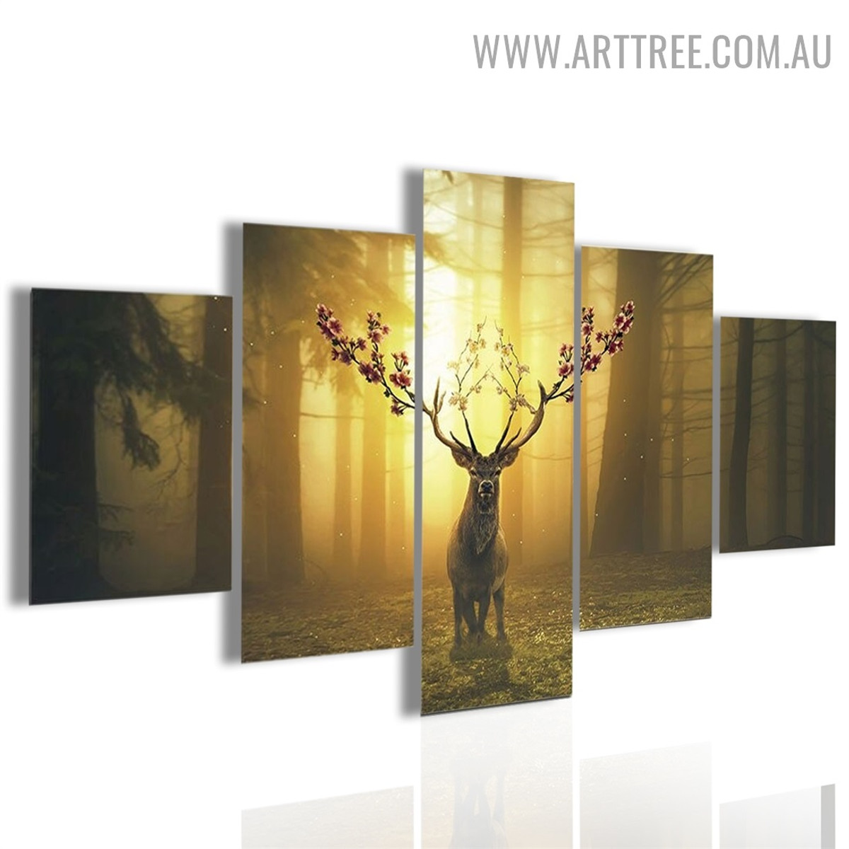 Reindeer Bloom Landscape Modern Animal 5 Piece Over Size Floral Image Canvas Art Print for Room Wall Assortment