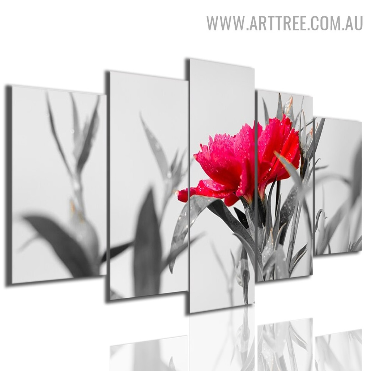 Red Floret Floral Modern 5 Piece Split Canvas Art Image Canvas Print for Room Equipment