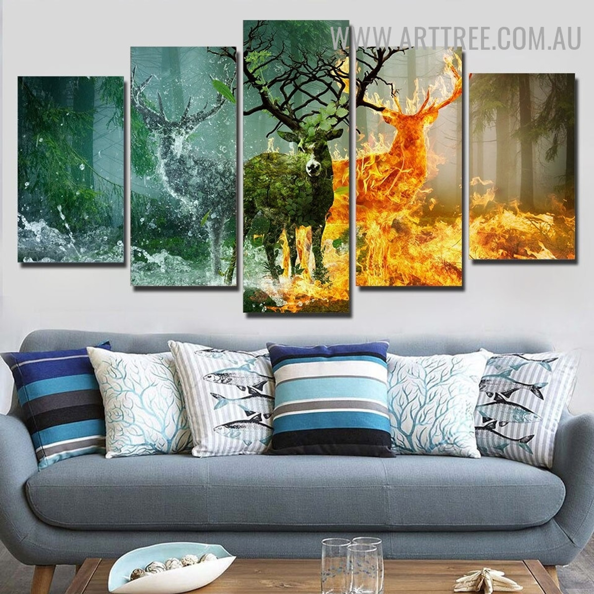 Blur Deer Leaves Modern 5 Piece Split Animal Painting Landscape Image Canvas Print for Room Wall Onlay