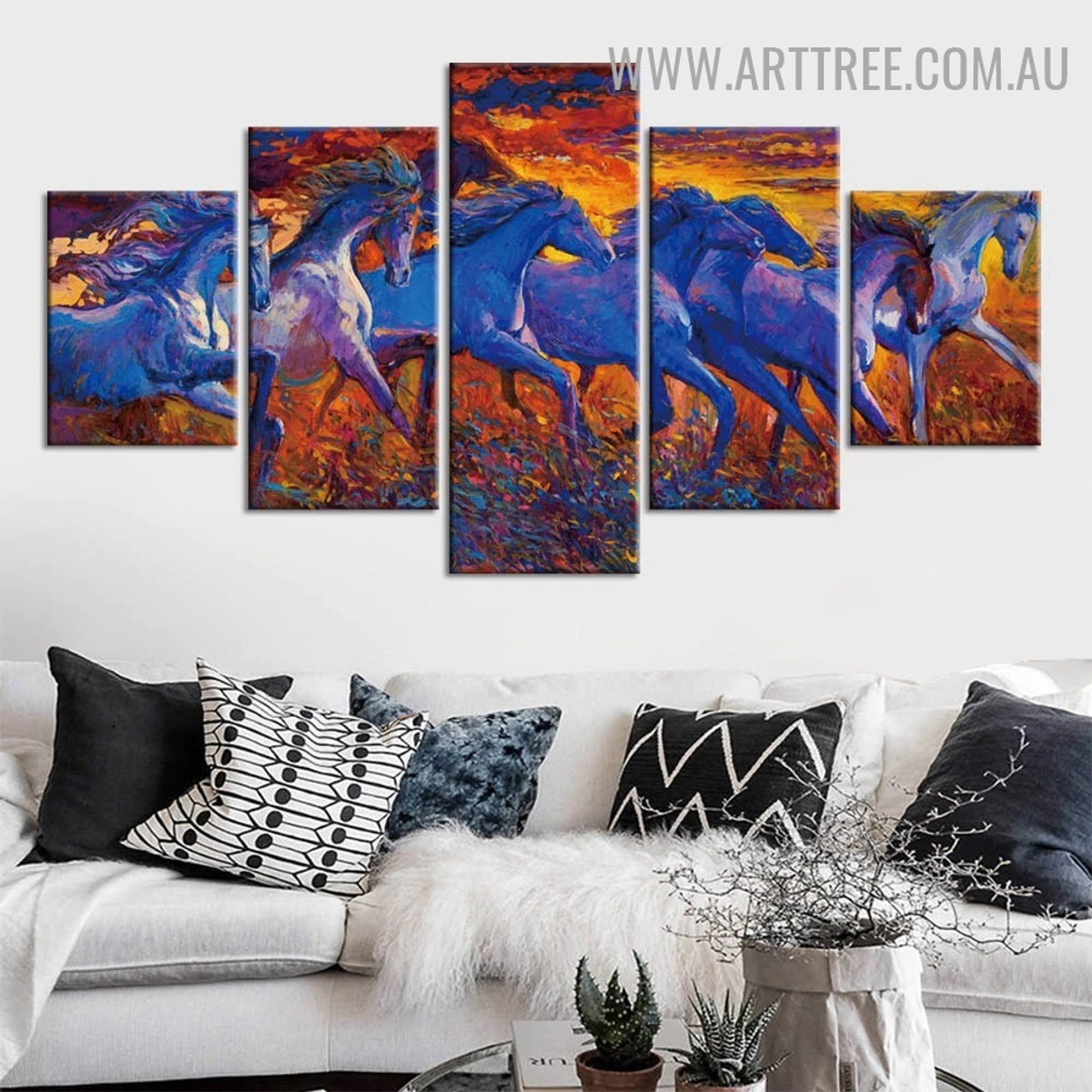 Running Equine Sky Modern 5 Piece Multi Panel Landscape Animal Image Canvas Artwork Print for Room Wall Flourish