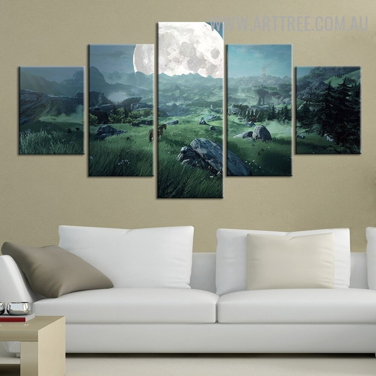 Stippy Moon Mountains Landscape Modern 5 Piece Split Floral Art Image Canvas Print for Room Wall Trimming