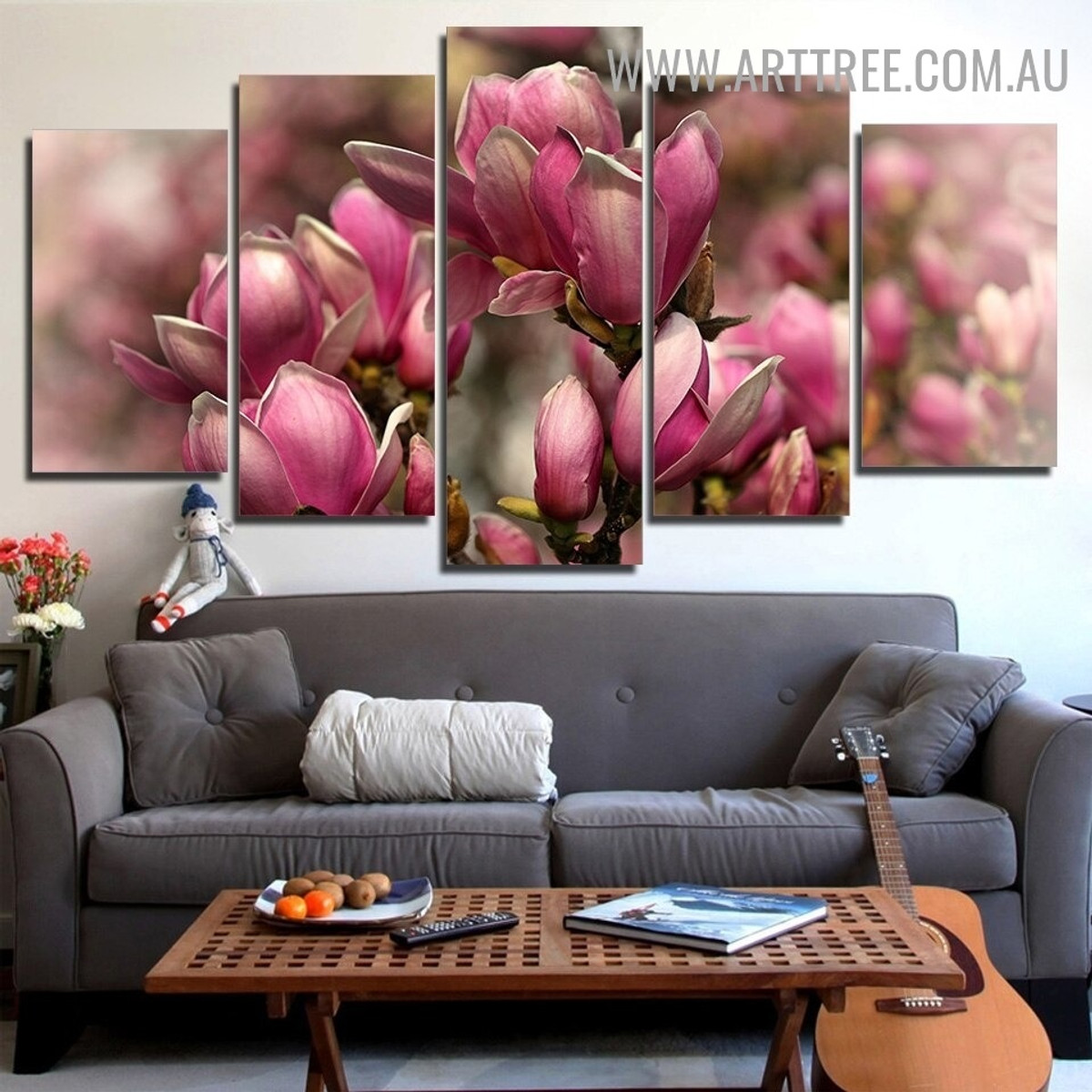 Magnolias Blossom Floral Modern 5 Multi Panel Image Canvas Artwork Print for Room Wall Drape