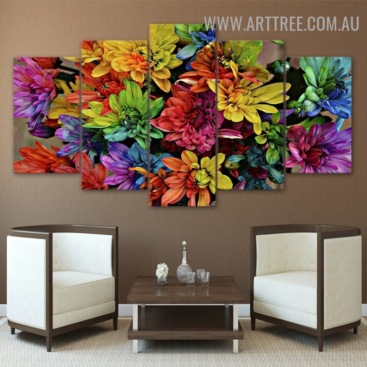 Colorful Floret Flowers Floral Modern 5 Piece Multi Panel Image Canvas Painting Print for Room Wall Adornment