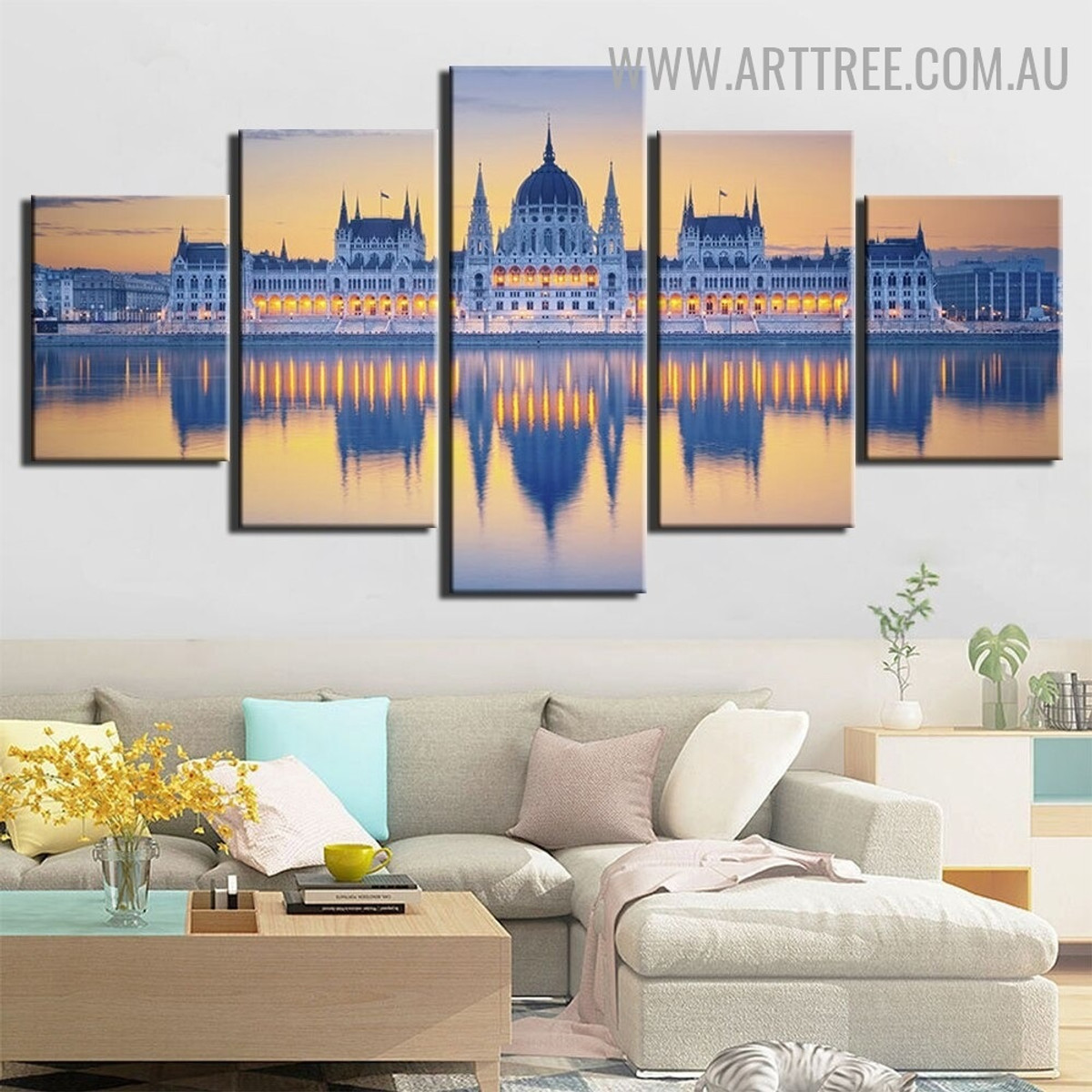 Hungarian Parliament Building Landscape Modern 5 Piece Split Art Image Canvas Print for Room Wall Flourish