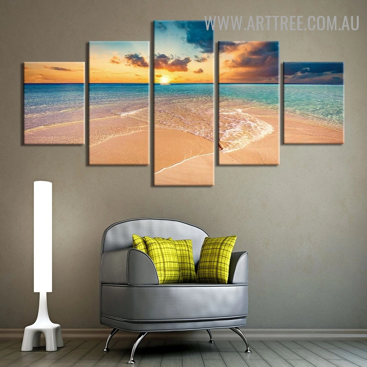 Beach Serum Water Modern Landscape 5 Piece 0ver Size Seascape Artwork Image Canvas Print for Room Wall Disposition