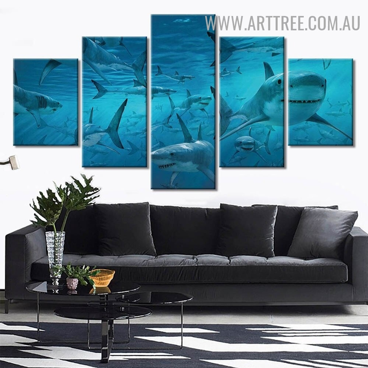 School Shark Modern Animal 5 Over Size Seascape Artwork Image Canvas Print for Room Wall Assortment