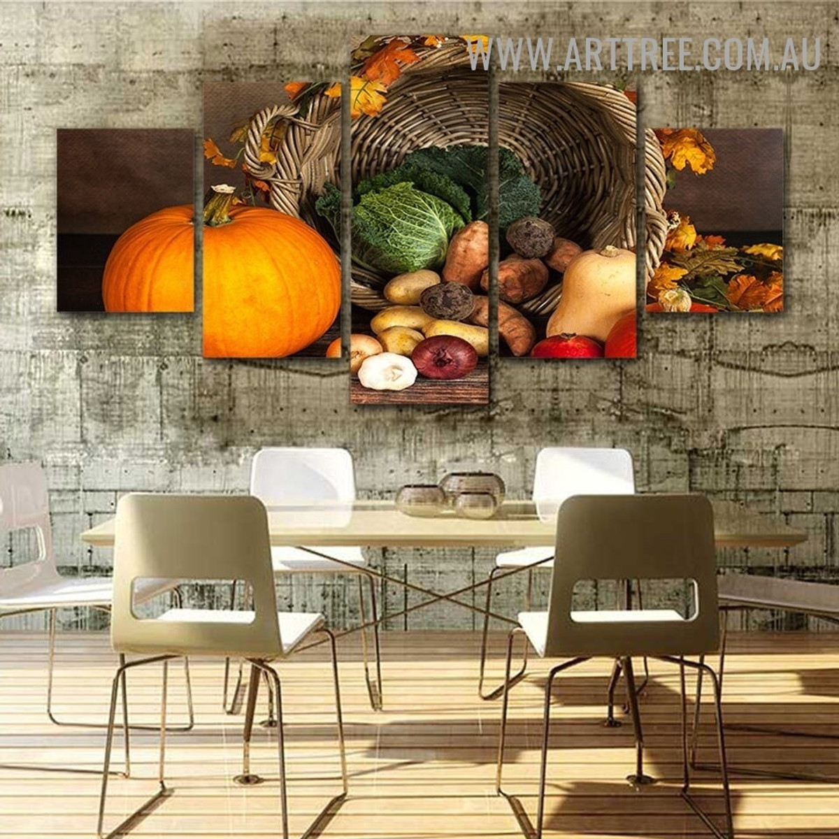 Vegetables Skep Basket Food 5 Piece Multi Panel Image Contemporary Canvas Painting Print for Room Wall Embellishment