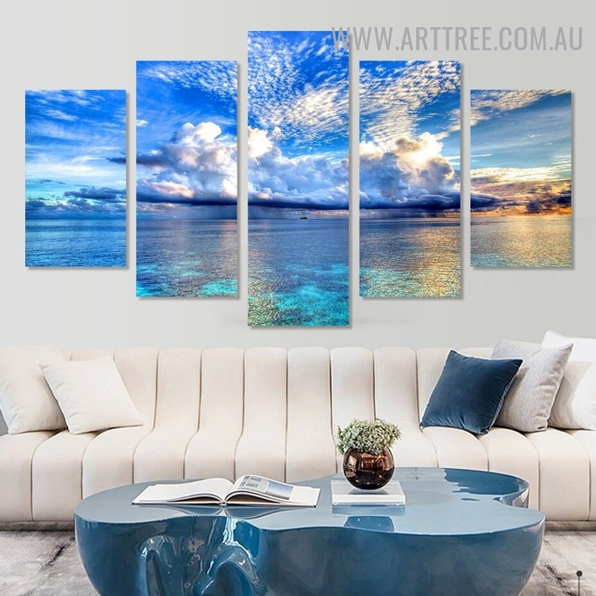 Ocean Welkin Modern 5 Piece Multi Panel Seascape Image Canvas Artwork Print for Room Wall Flourish