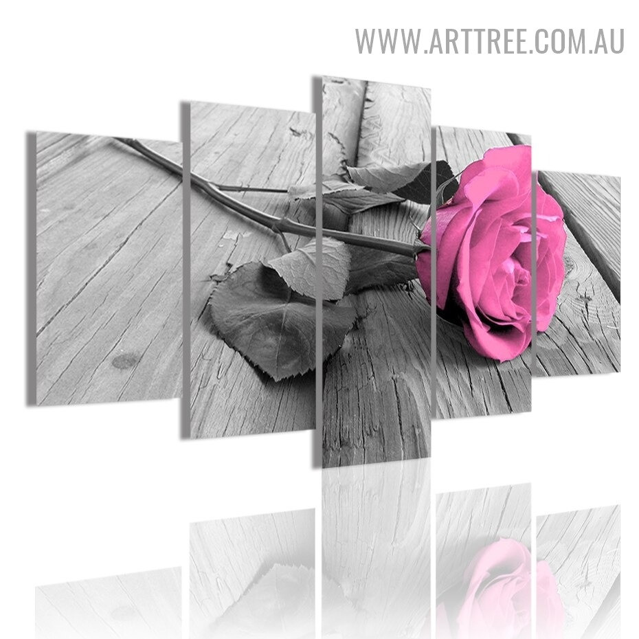 Pink Rosebush Modern 5 Piece Multi Panel Photo Canvas Floral Painting Print for Room Wall Moulding