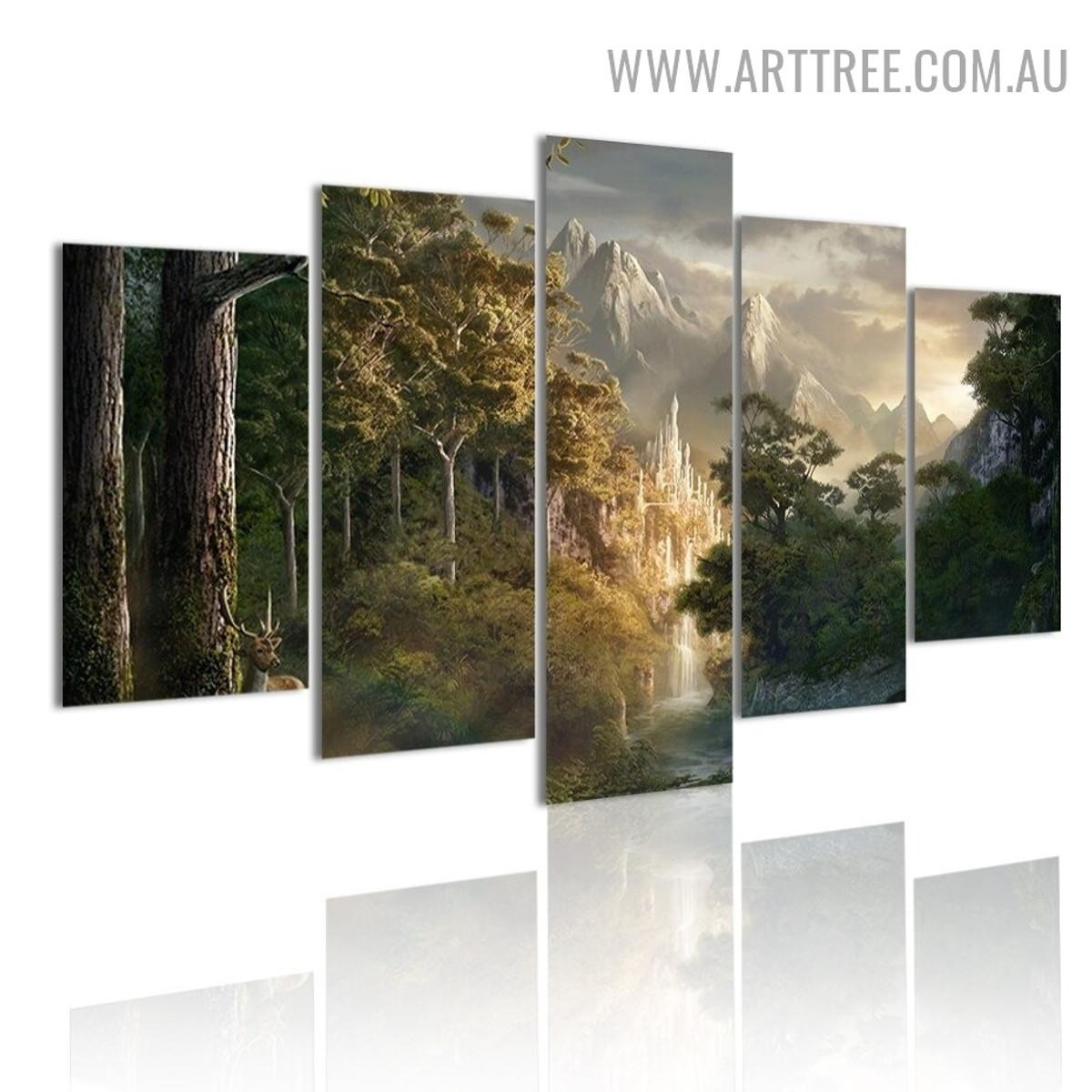 Arbor Deer Trees Modern Animal 5 Piece Split Pattern Landscape Artwork Image Canvas Print for Room Wall Molding