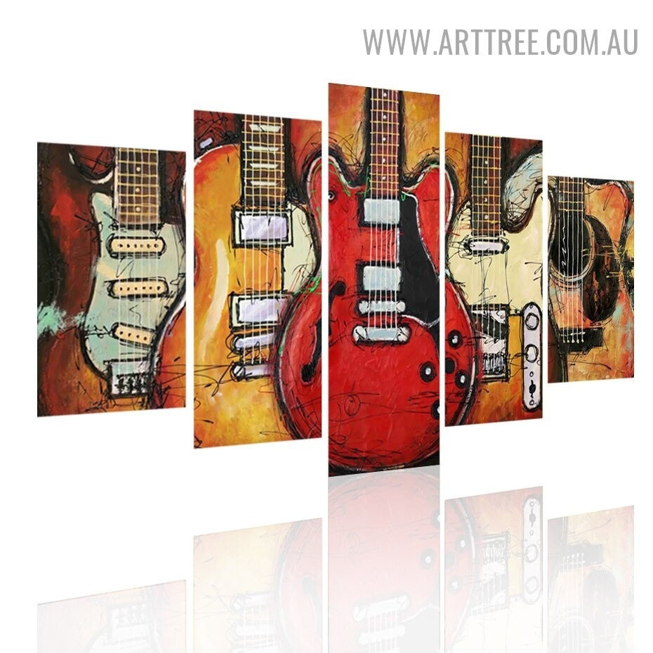 Hued Guitars Scratches Abstract Modern 5 Piece Split Artwork Image Canvas Print For Room Wall Tracery