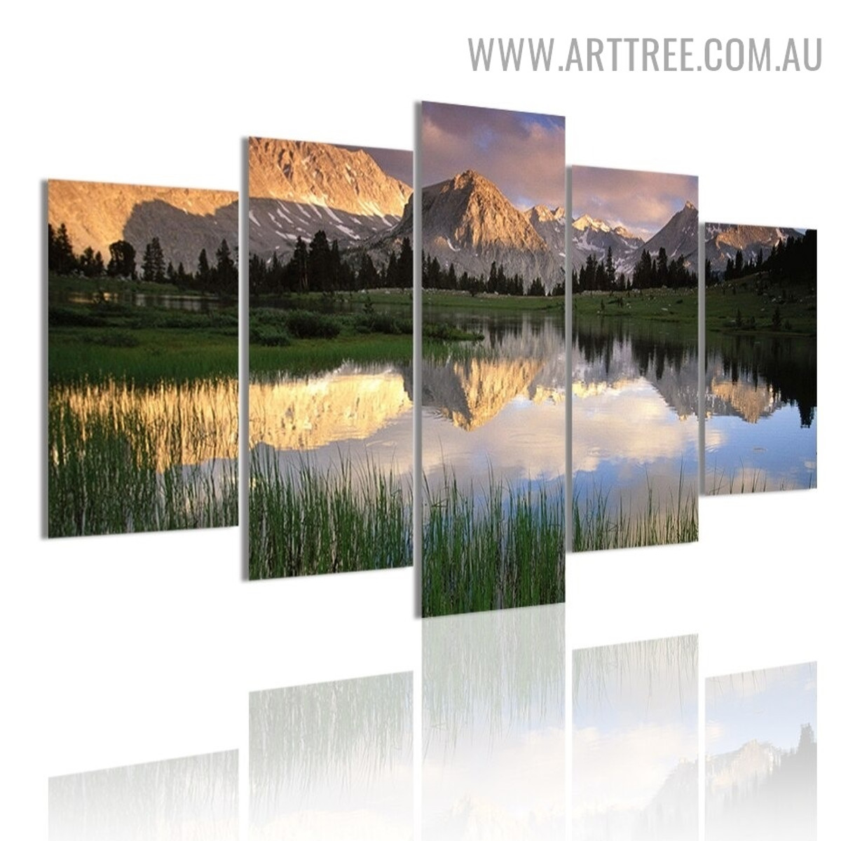 Basin Mountain Trees Landscape Modern 5 Piece Split Painting Image Canvas Print for Room Wall Adornment