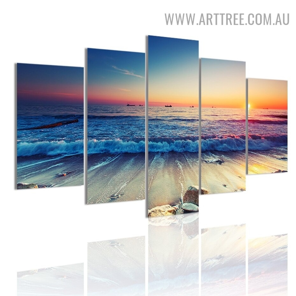 Sunset Ocean Beach Water Waves Landscape Figure Modern 5 Multi Panel Image Canvas Artwork Print for Room Wall Drape