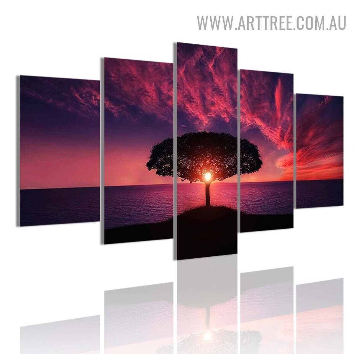 Silhouette Water Tree Sky Modern 5 Piece Large Size Landscape Artwork Image Canvas Print for Room Wall Onlay