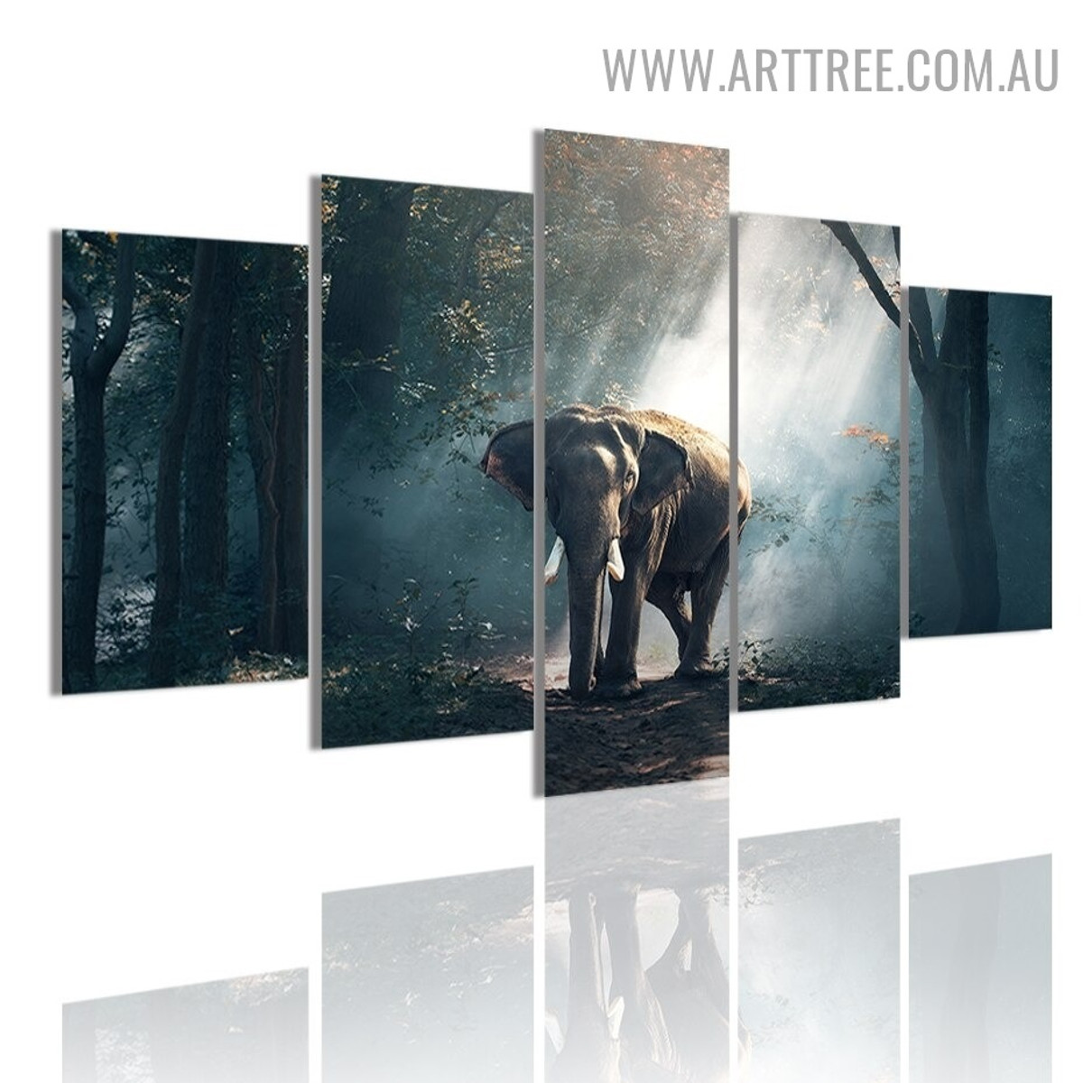 Forest Elephant Trees Landscape Modern 5 Piece 0ver Size Animal Artwork Image Canvas Print for Room Wall Disposition