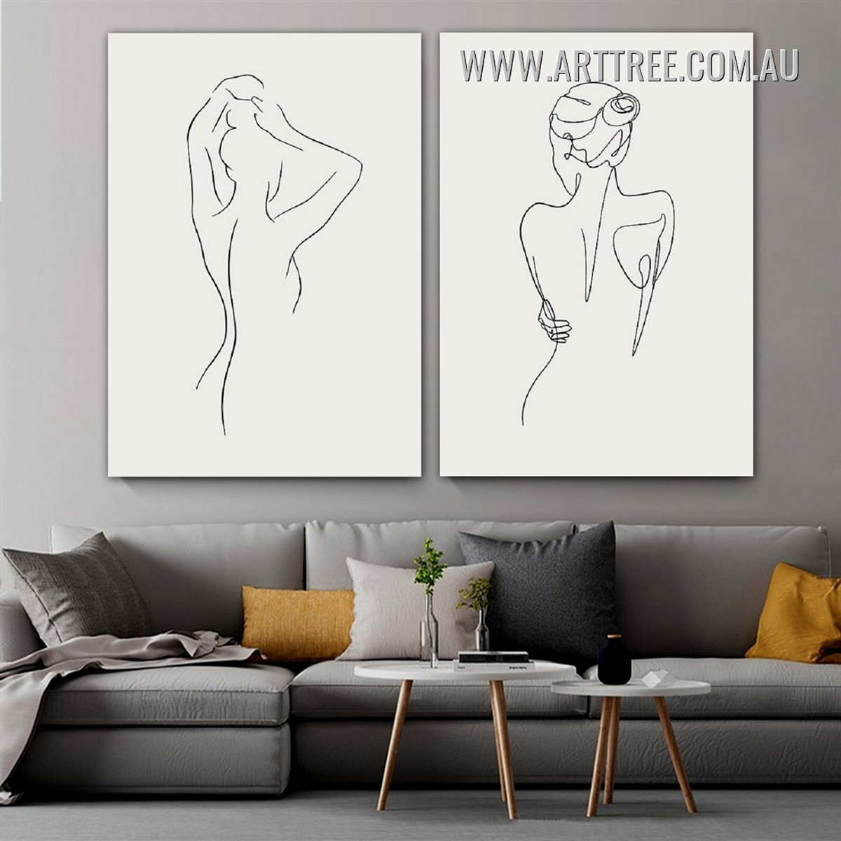 Nude Streak Feme Female Figure Artwork Minimalist Photo Vintage 2 Panel Framed Canvas Print for Room Wall Flourish