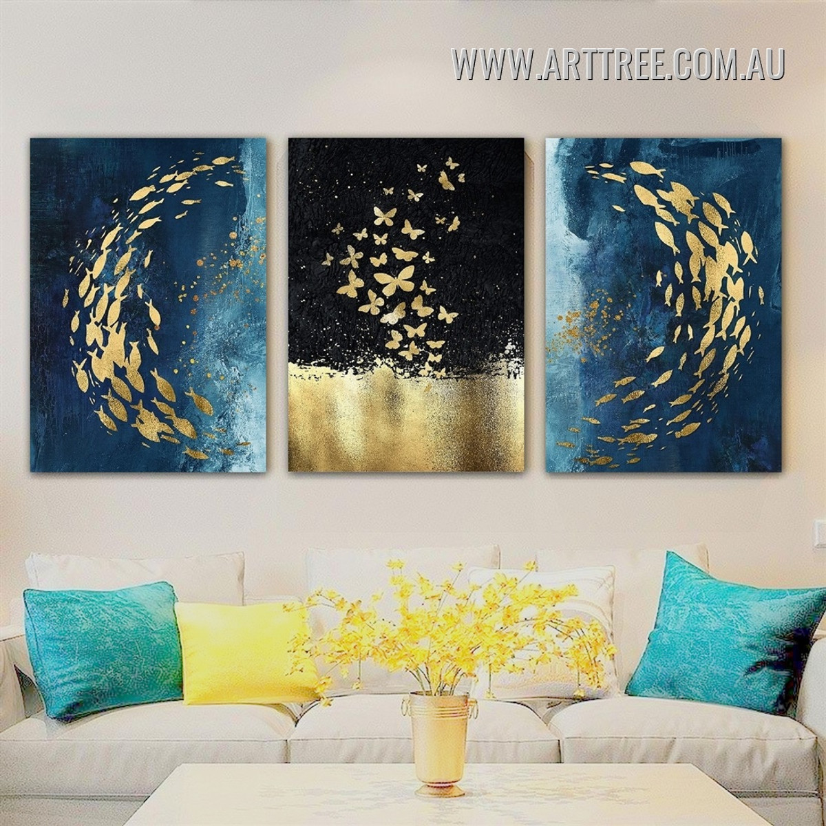 Golden Muscles Spots Animal Stretched Painting Modern Abstract Pic 3 Piece Canvas Print for Room Wall Getup