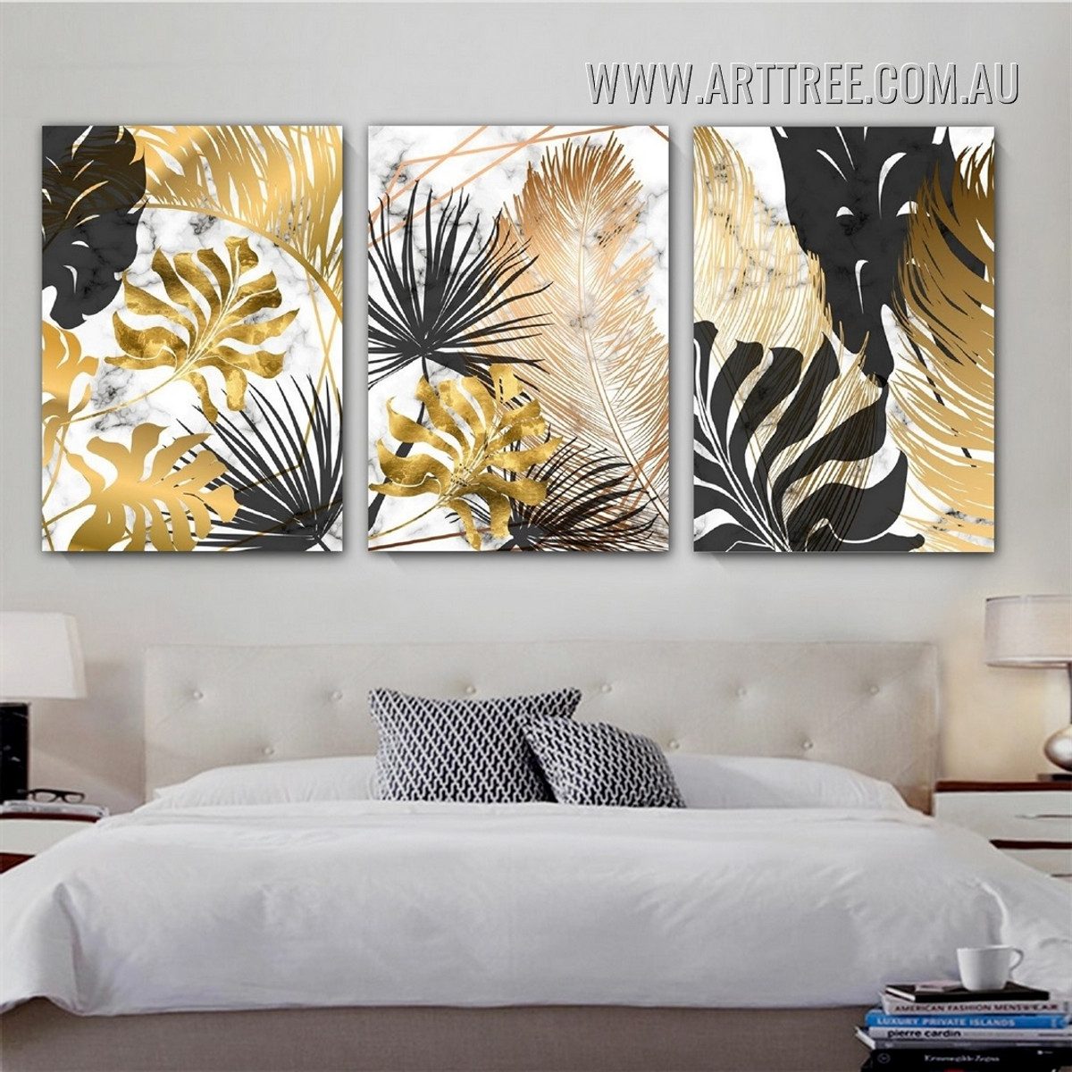 Tropical Leaf Marble Stretched Modern 3 Piece Artwork Photo Abstract Canvas Print for Room Wall Equipment