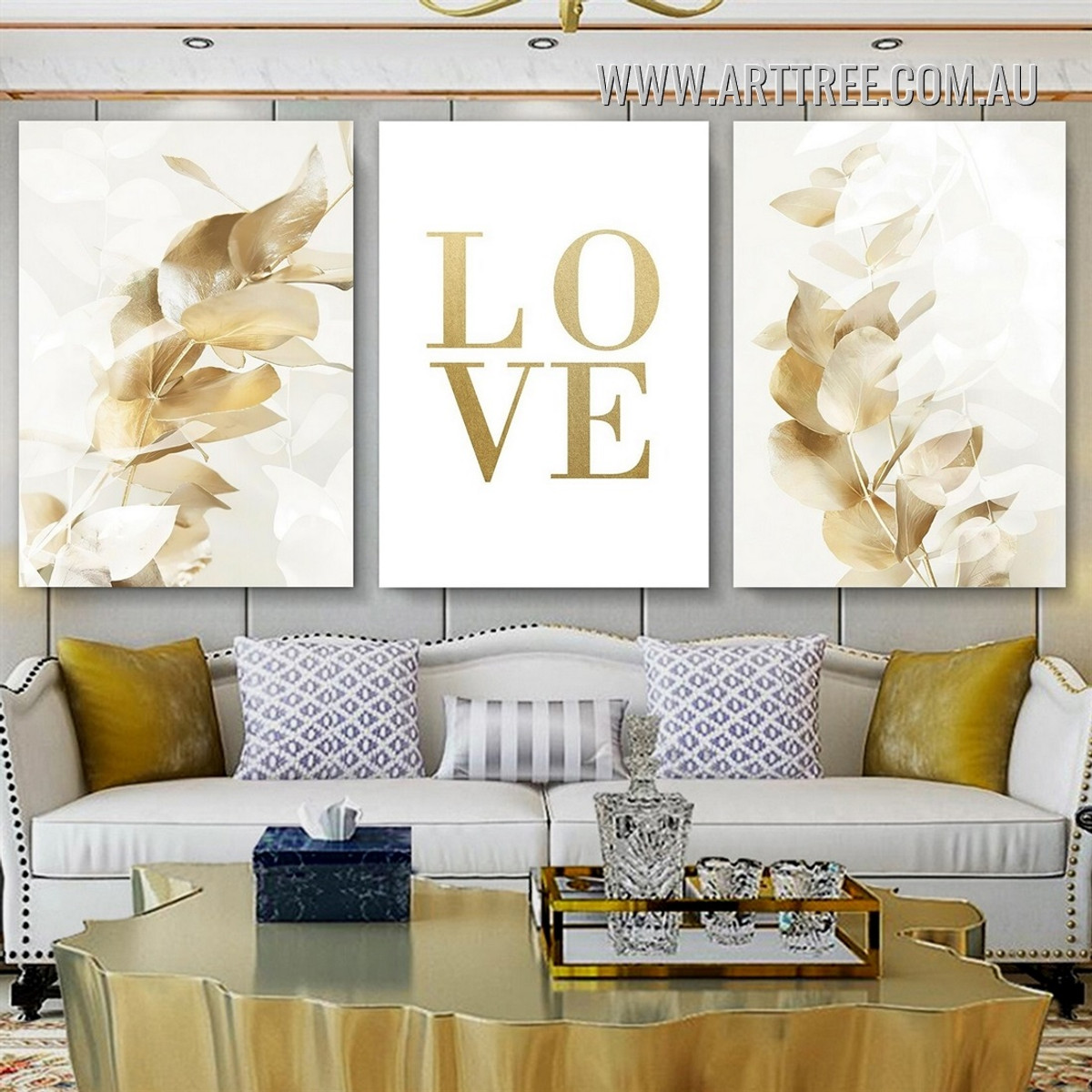 Golden Eucalyptus Leafage Scandinavian Minimalist Typography Stretched Artwork Photo 3 Panel Canvas Print for Room Wall Disposition