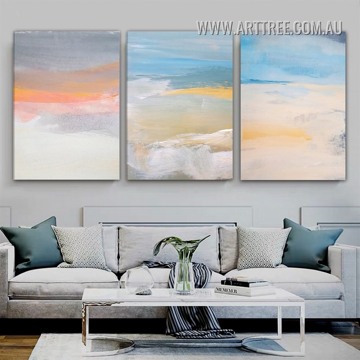 Coloured Patch Scandinavian Abstract Artwork Picture Watercolour 3  Multi Panel Stretched Canvas Print For Room Wall Ornament