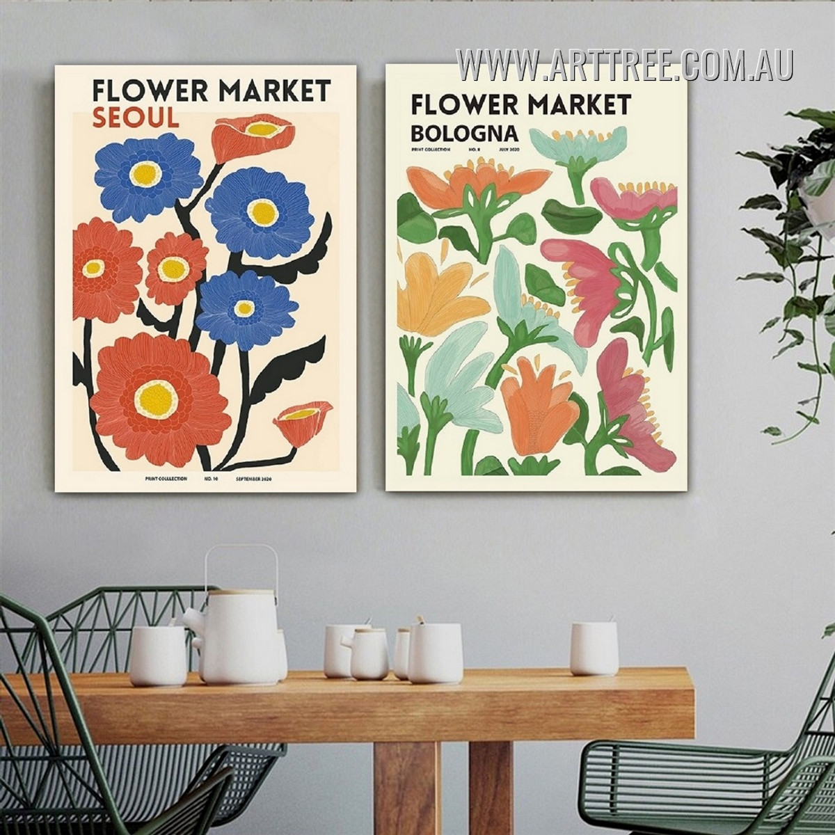 Floret Market Seoul Leaves Vintage Abstract Framed 2 Panel Wall Floral Typography Pic Canvas Print for Room Onlay