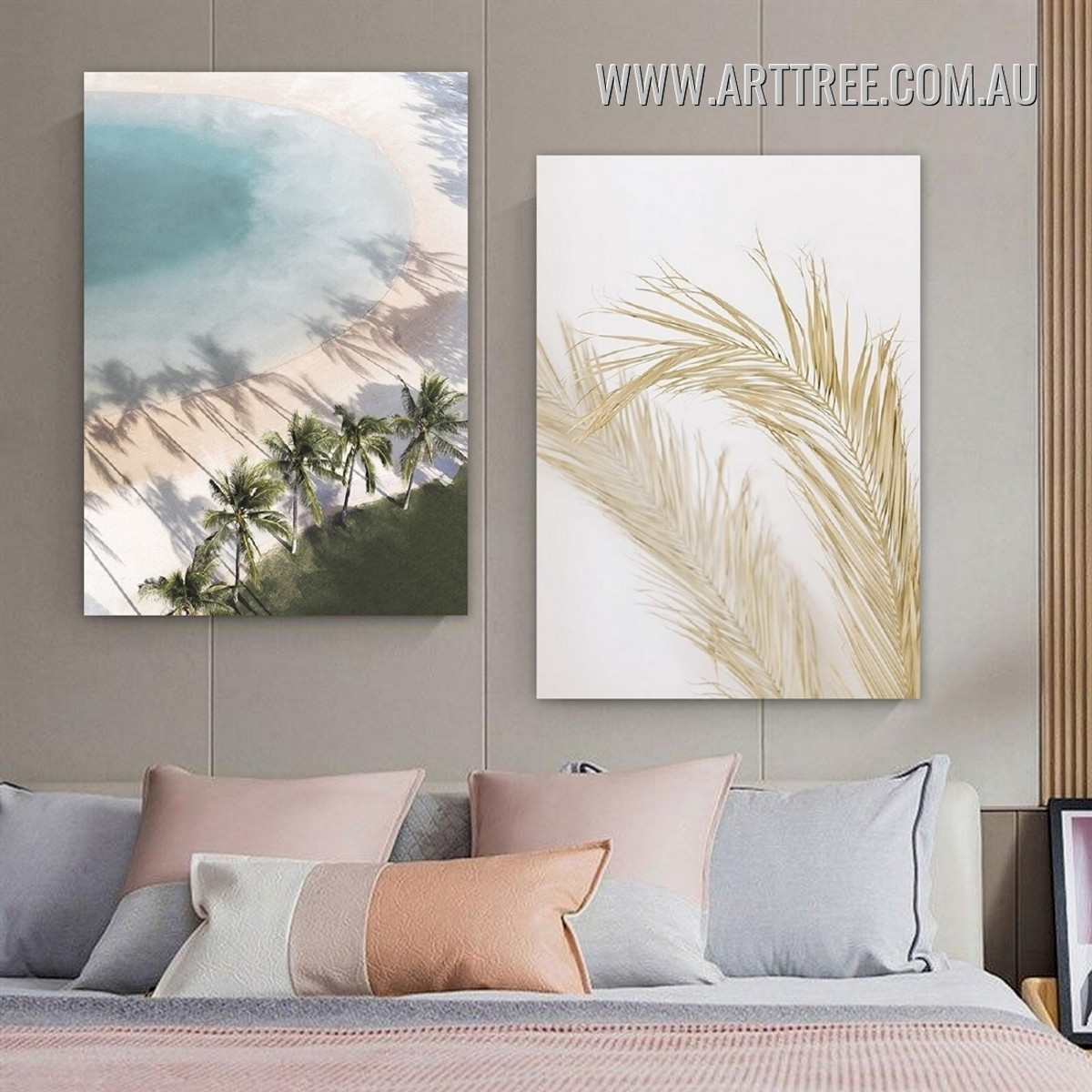 Beach Palm Arbor Tree Abstract Modern 2 Piece Framed Naturescape Painting Photograph Seascape Canvas Print for Room Wall Illumination