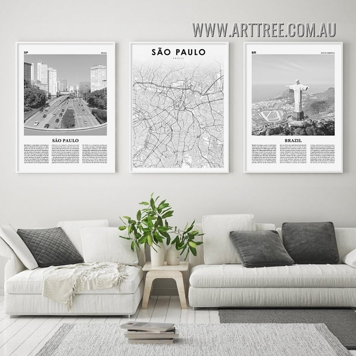 Black And White Sao Paulo Brazil City Map Modern 3 Piece Canvas Wall Art Print for Room Décor