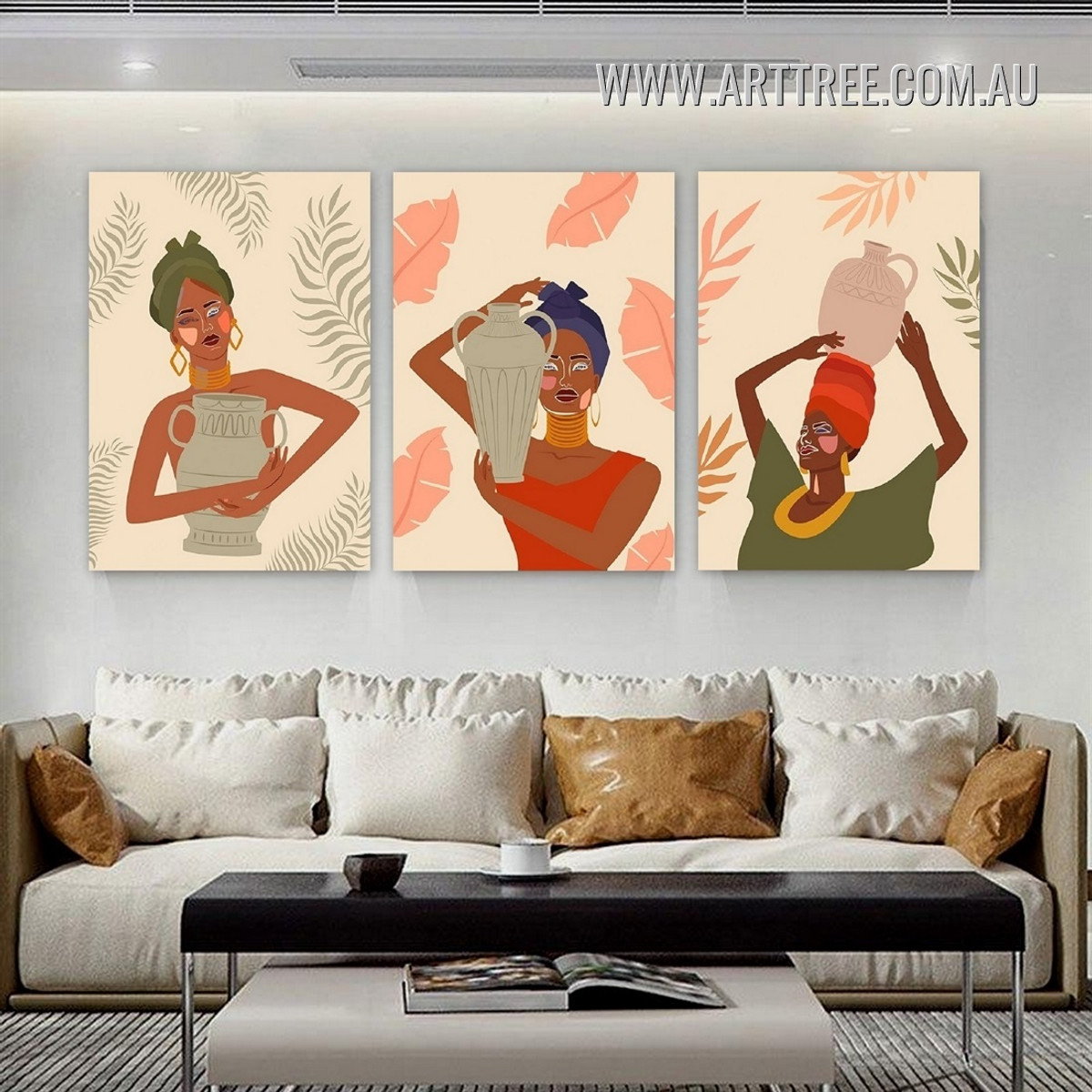 African Portrait Lady Spots Figure Abstract 3 Piece Stretched Scandinavian Painting Photo Canvas Print for Room Wall Illumination