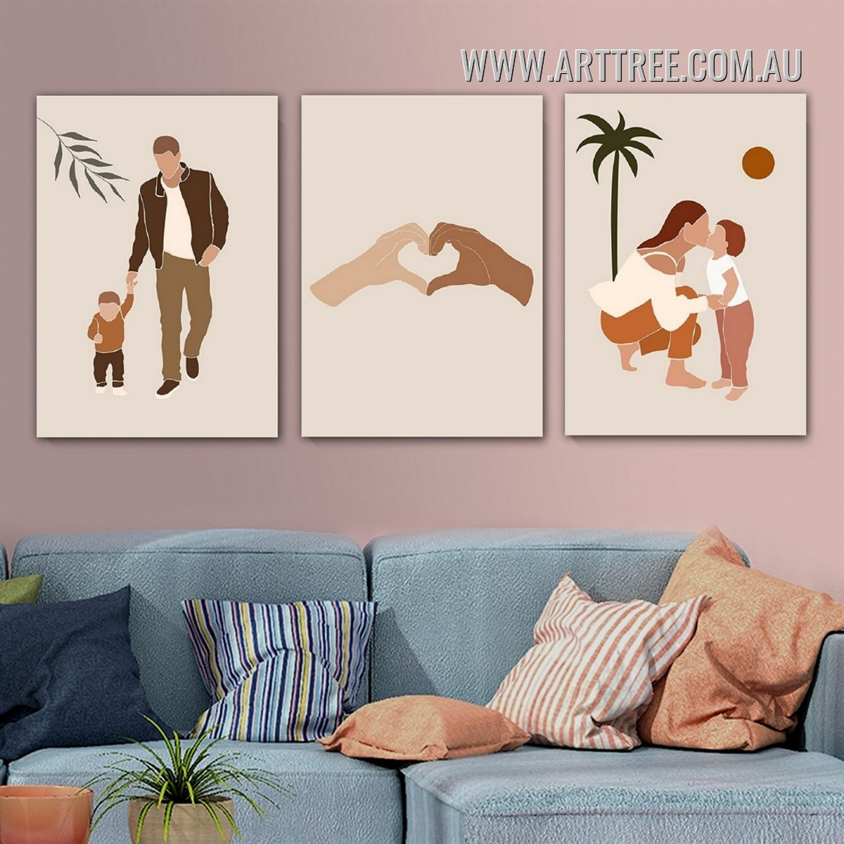 Parents Love Kids Hands 3 Piece Stretched Scandinavian Figure Painting Minimalist Photograph Canvas Print for Room Wall Outfit