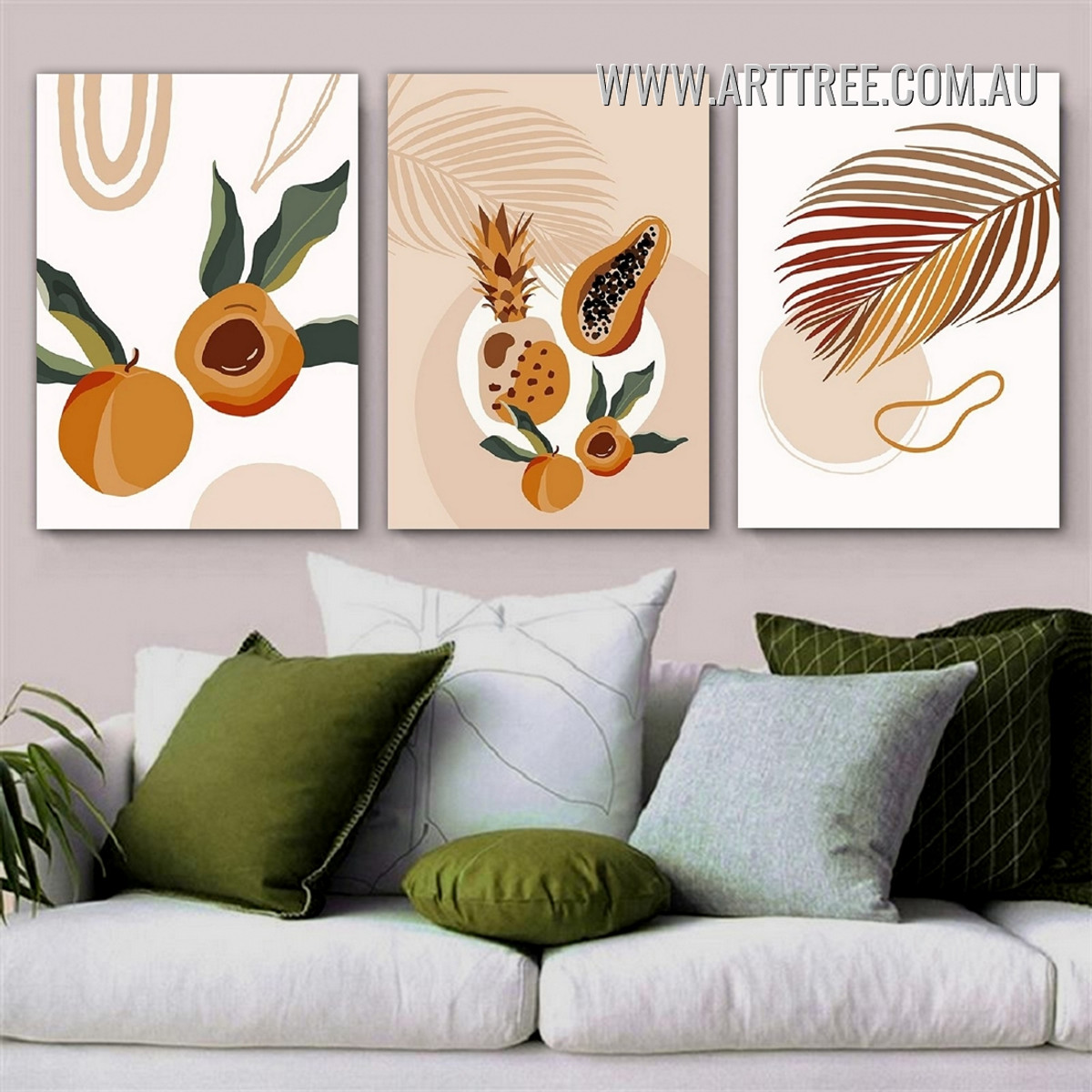 Motely Fruits Leafage Abstract Scandinavian Framed Painting Picture 3 Panel Canvas Print for Room Wall Finery