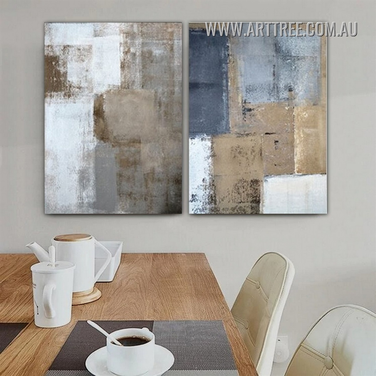 Geometric Smirch Abstract Vintage Painting Picture 2 Piece Canvas Wall Art Prints for Room Trimming