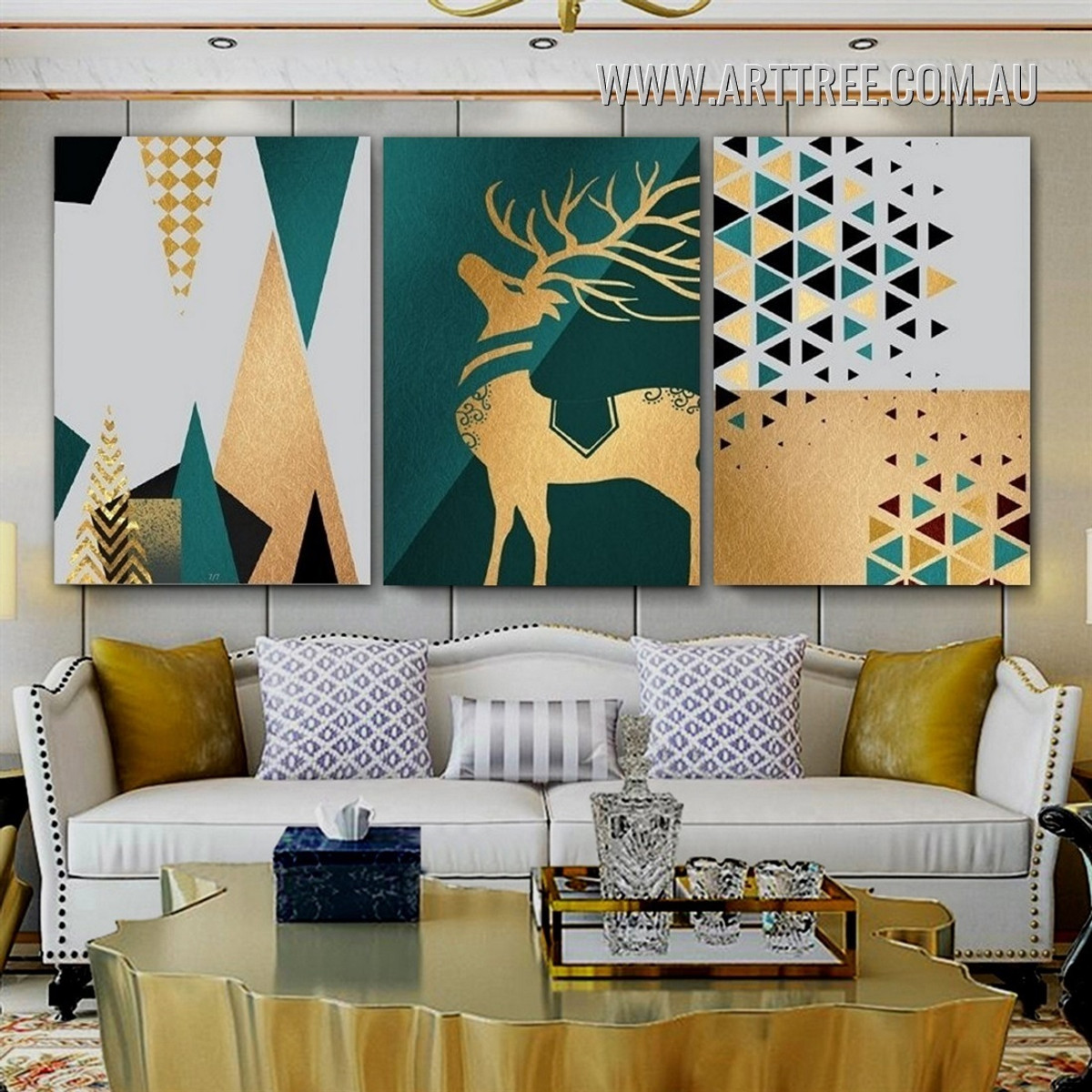 Golden Swamp Deer Eye Animal Artwork Abstract 3 Piece Photograph Modern Framed Canvas Print for Room Wall Adornment