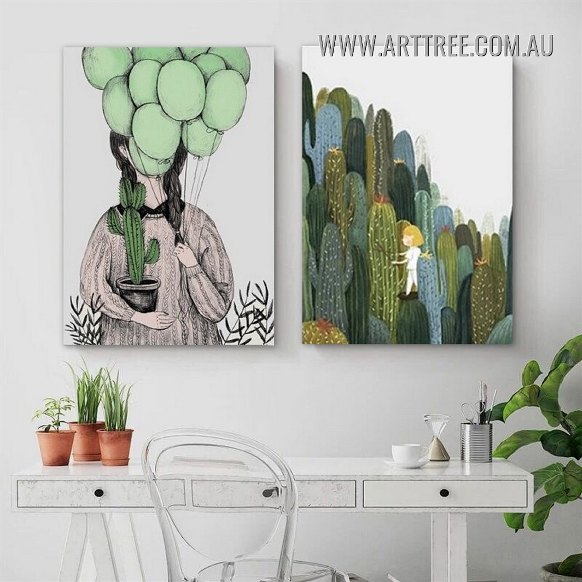 Girls With Cactus Nordic Children Art Modern Painting Picture 2 Piece Canvas Wall Art Prints for Room Adornment