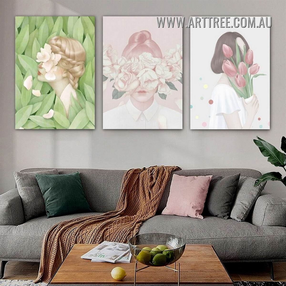 Face With Blossoms Nordic Floral Modern Painting Picture 3 Piece Canvas Art Prints for Room Wall Drape