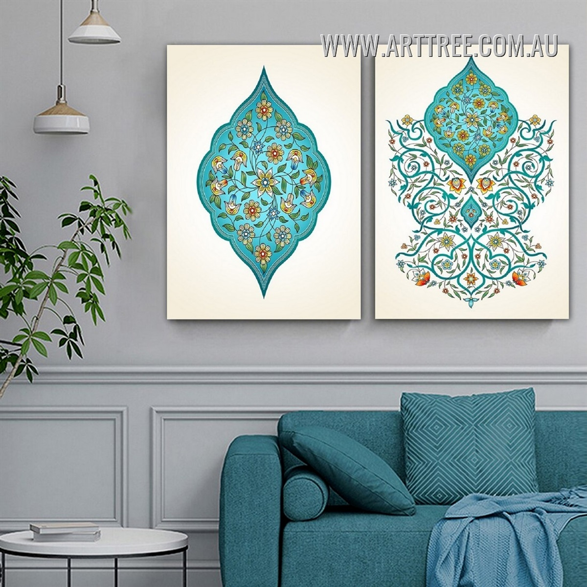 Turquoise Floret Flowers 2 Piece Stretched Minimalist Artwork Image Abstract Canvas Print for Floral Room Wall Adornment