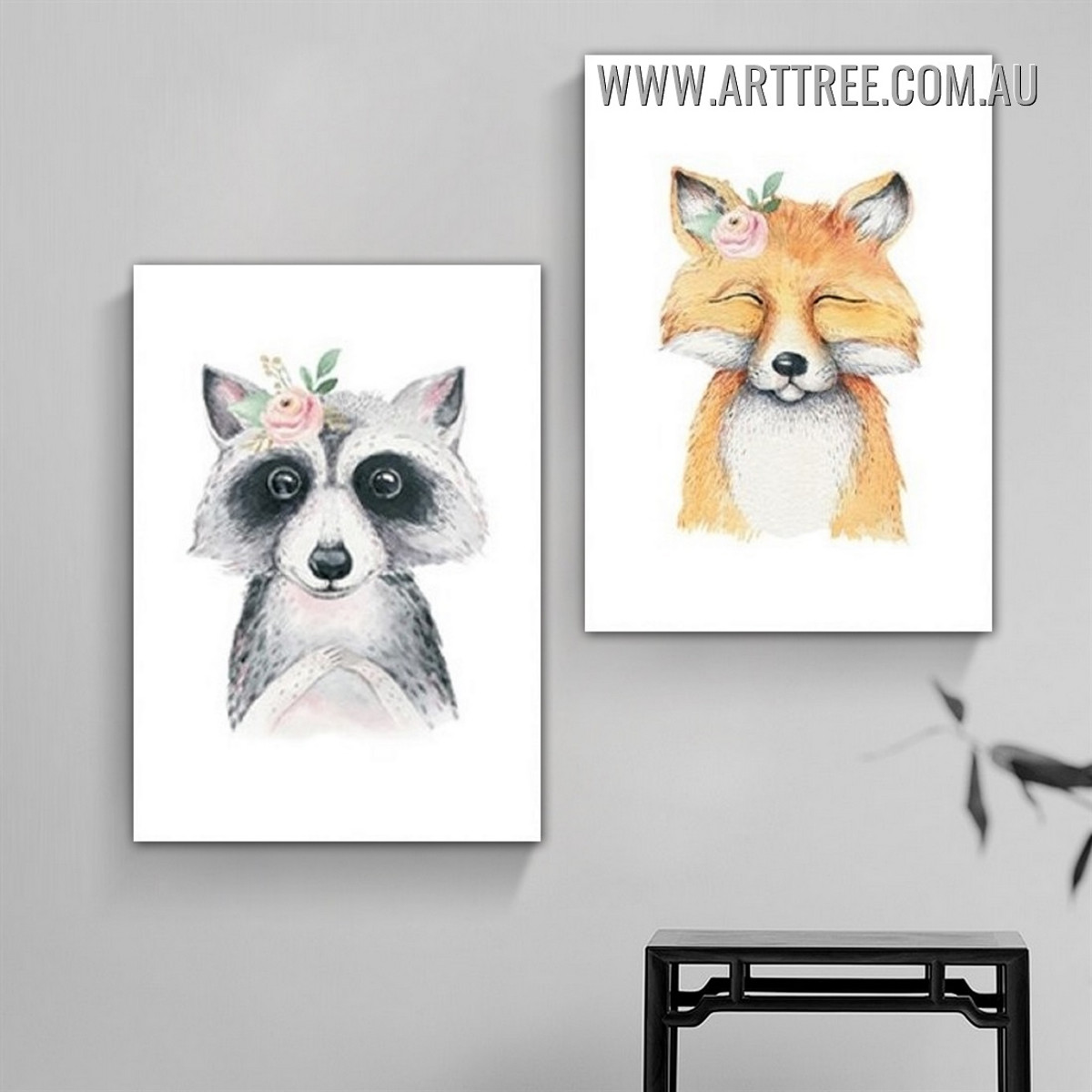 Fox Raccoon Nordic Cartoon Animal Modern Painting Picture Canvas 2 Piece Wall Art Prints for Room Flourish