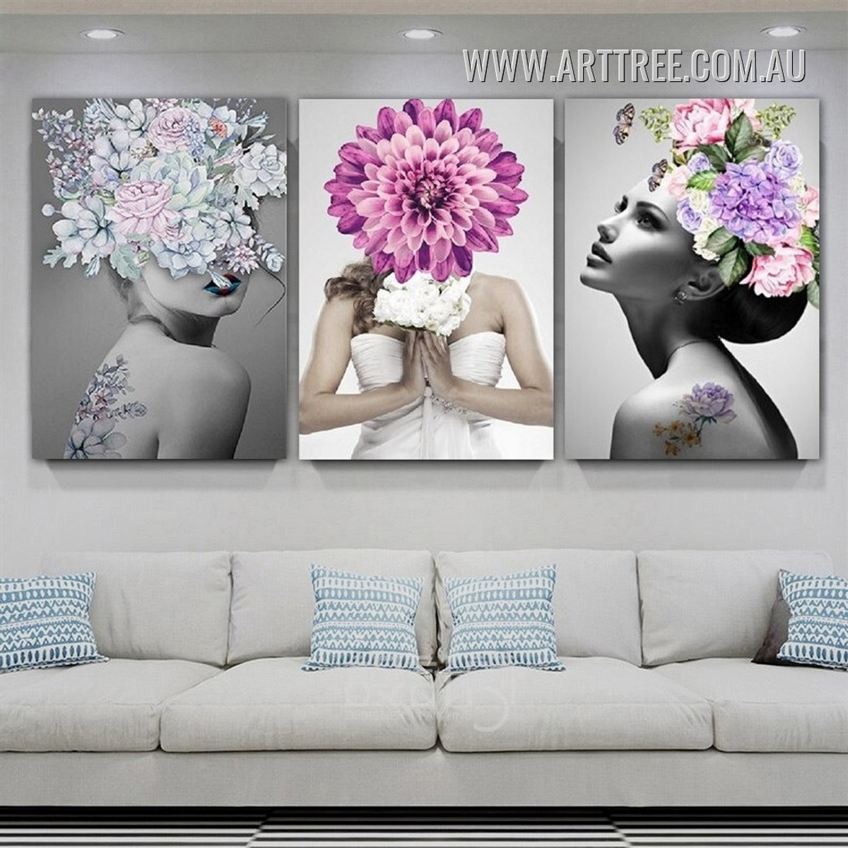 Feme Floral Face Butterflies Modern Figure Art Picture 3 Piece Minimalist Canvas Print for Room Wall Moulding