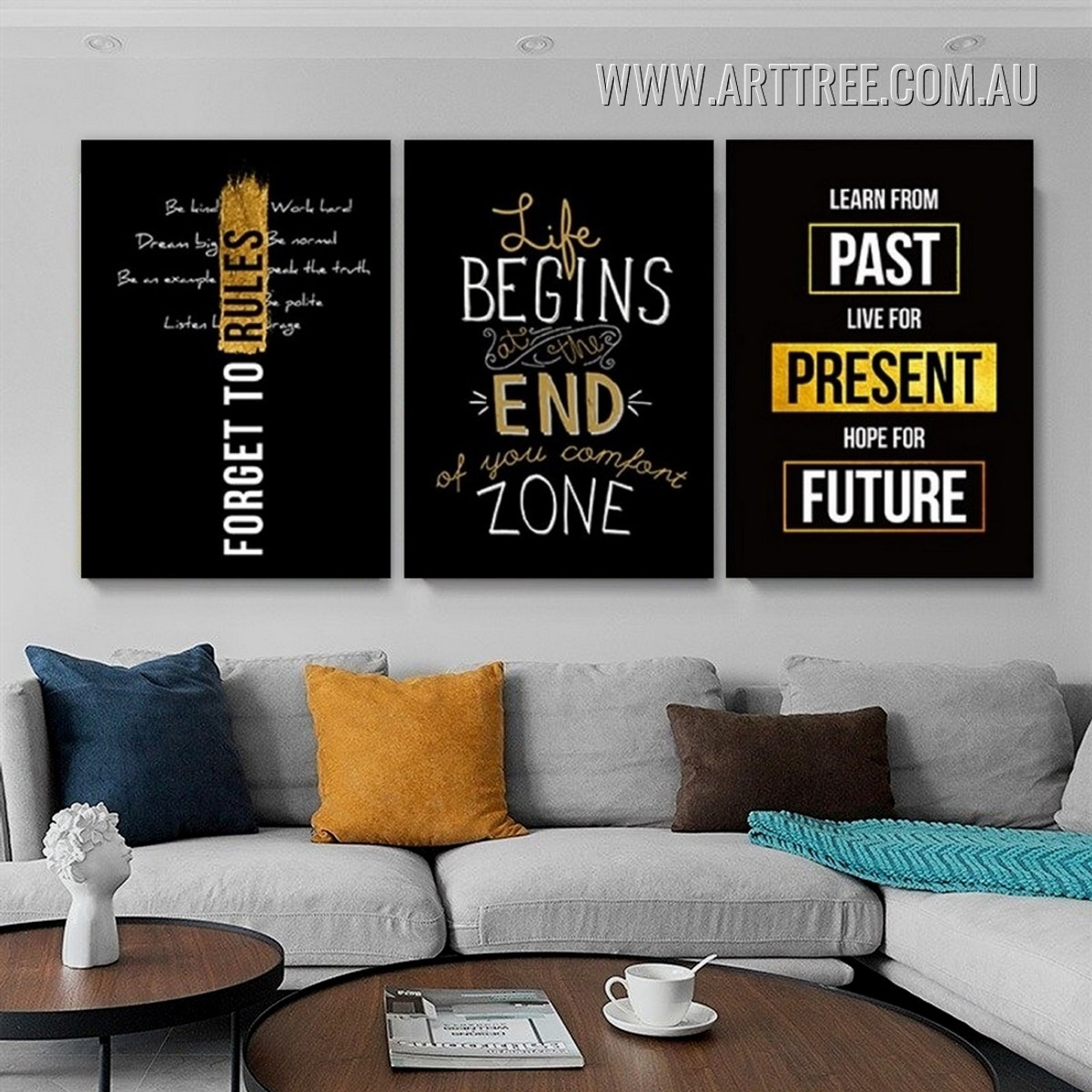 Forget To Rules Typography Modern 3 Piece Stretched Painting Photograph Abstract Canvas Print for Room Wall Outfit