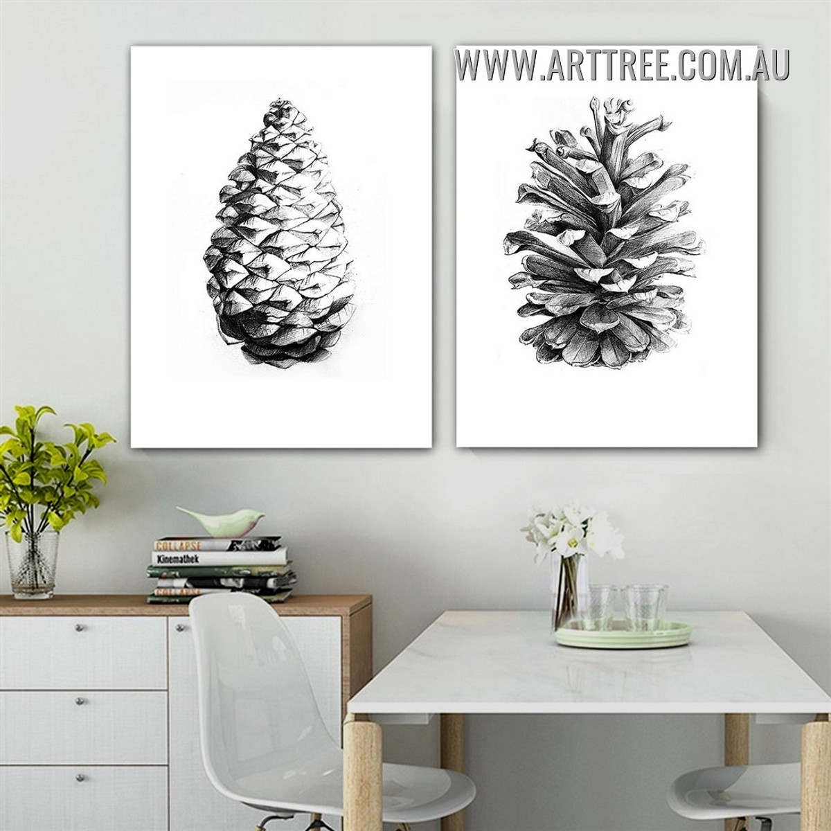Autumnal Pine Cone Botanical Vintage Painting Picture 2 Piece Canvas Wall Art Prints for Room Wall Finery