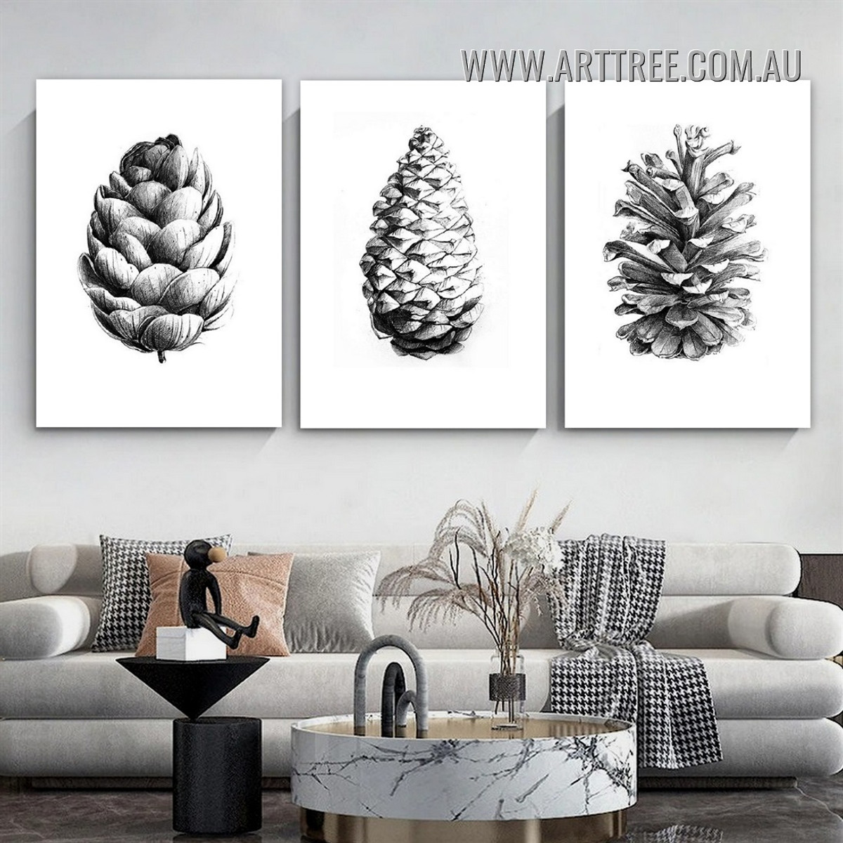 Shape Pine Cone Botanical Vintage Painting Picture 3 Panel Canvas Prints for Room Wall Disposition