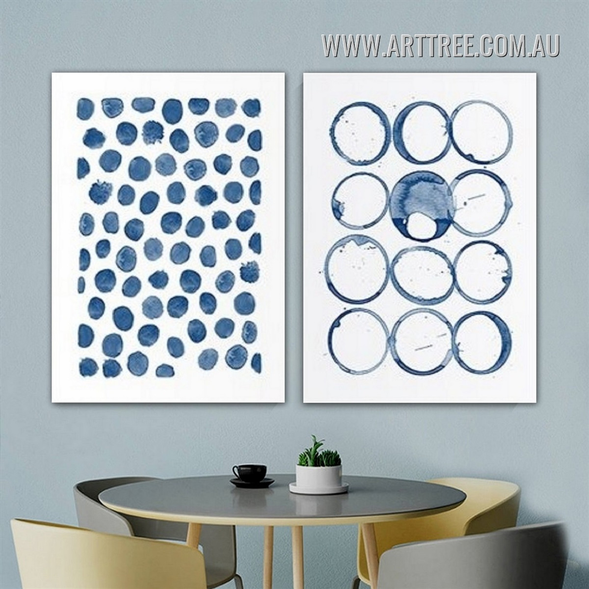 Roundly Blue Speckles Abstract Nordic Stretched Artwork Photo 2 Panel Modern Canvas Print for Room Wall Disposition