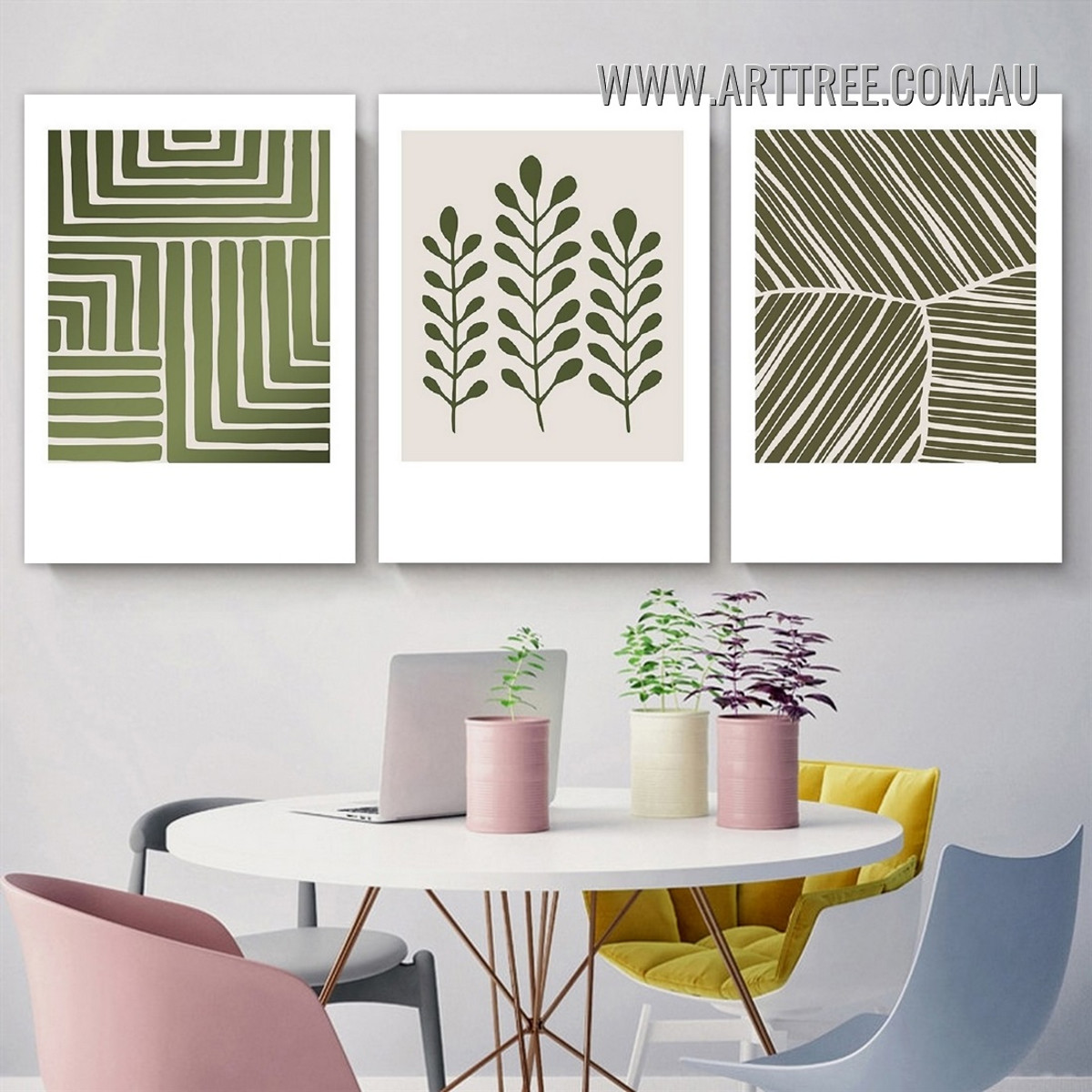 Zigzag Streak Abstract Geometric Vintage Painting Picture 3 Piece Canvas Wall Art Prints for Room Décor