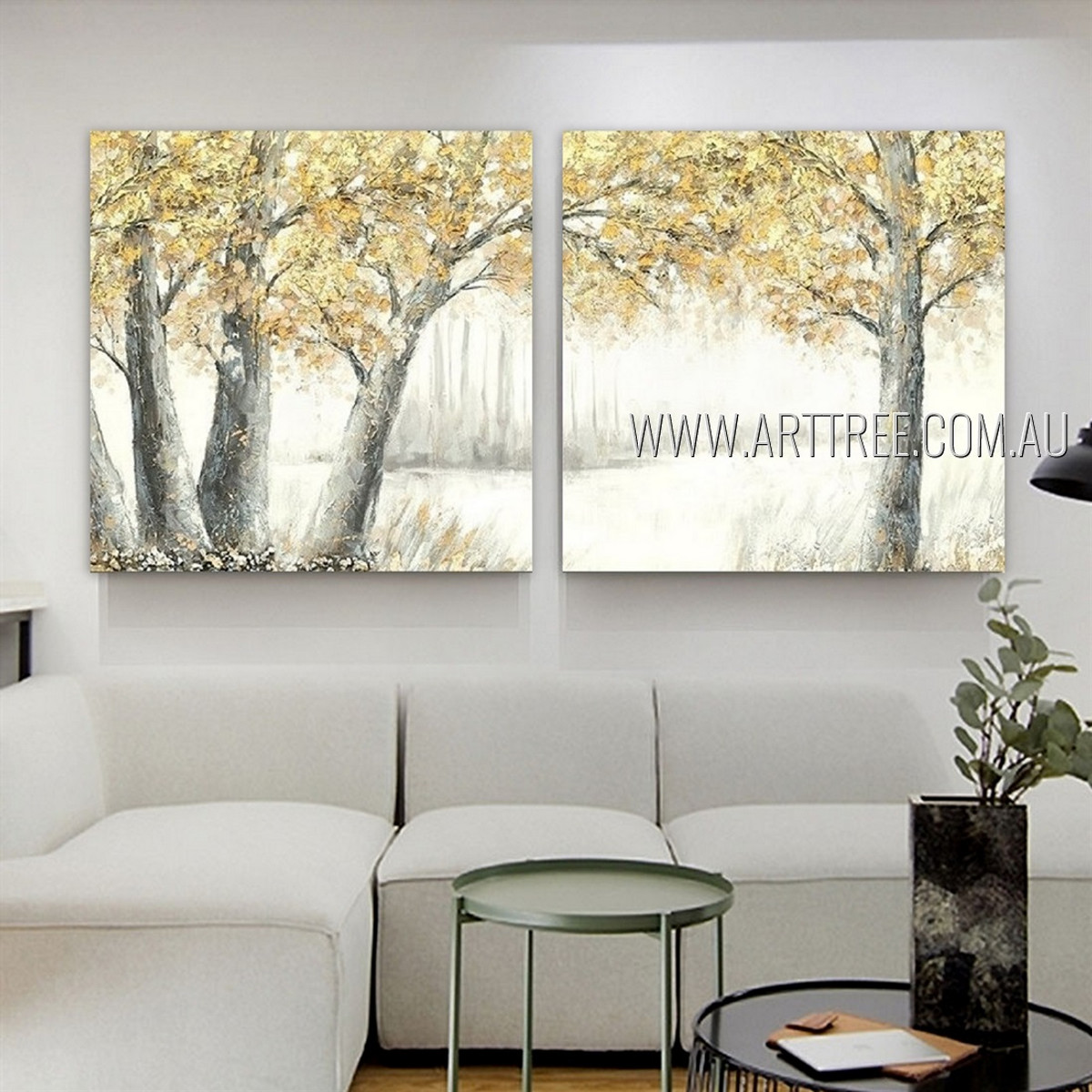 Golden Trees Abstract Landscape Modern Heavy Texture Artist Handmade Framed 2 Piece Split Complementary Paintings For Room Disposition